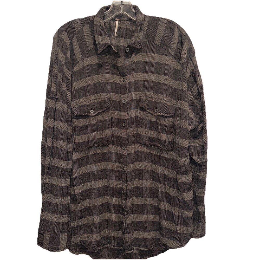 Free People Small Long Sleeve Relaxed Gray Striped Boho Shirt Oversized Button